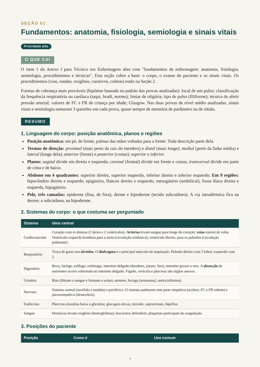 Seção 1 do e-book: fundamentos, sinais vitais, o que cai e resumo
